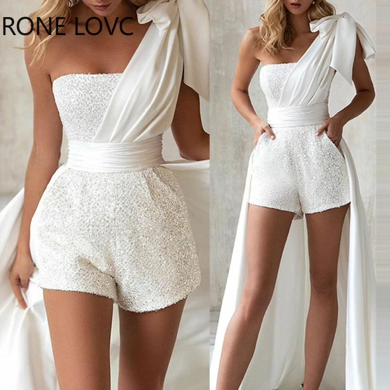 Women Solid Strapless Cape Bow Backless Sequins Sexy White Party Rompers&Dress Sets