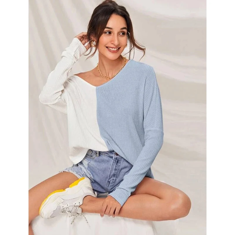 

Fashion Women Top Casual Loose Long Sleeve V-neck European and American Spring and Autumn Elegant To Sexy Than Two-color Sewing
