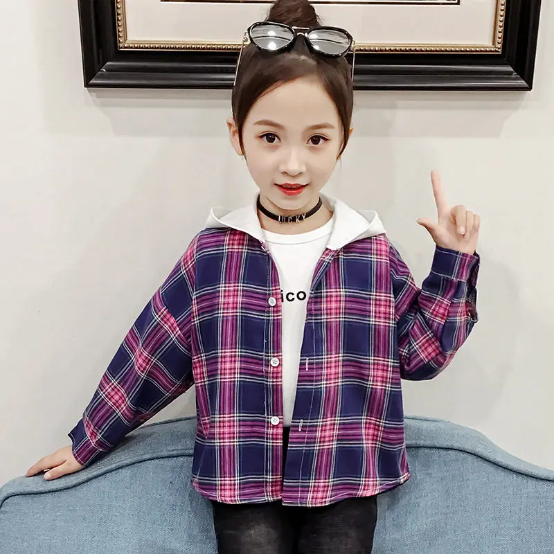 Клетчатая блузка для девочек топ с капюшоном и отложным воротником Новинка Сезон