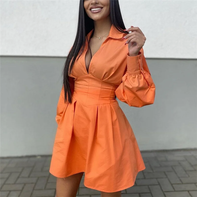 

Casual Woman Orange Slim Hollow Out Shirt Dress 2021 Spring Lacing V Neck Beach Short Dresses Girls Y2K High Waisted Dresses