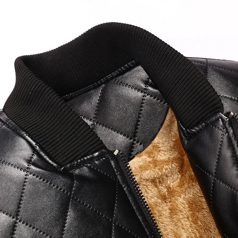 RIINR New Solid Color Winter Men's Pu Jacket Stand Collar Zipper Thick Warm Jackets Man Casual Male Coat US Size S-2XL | Мужская