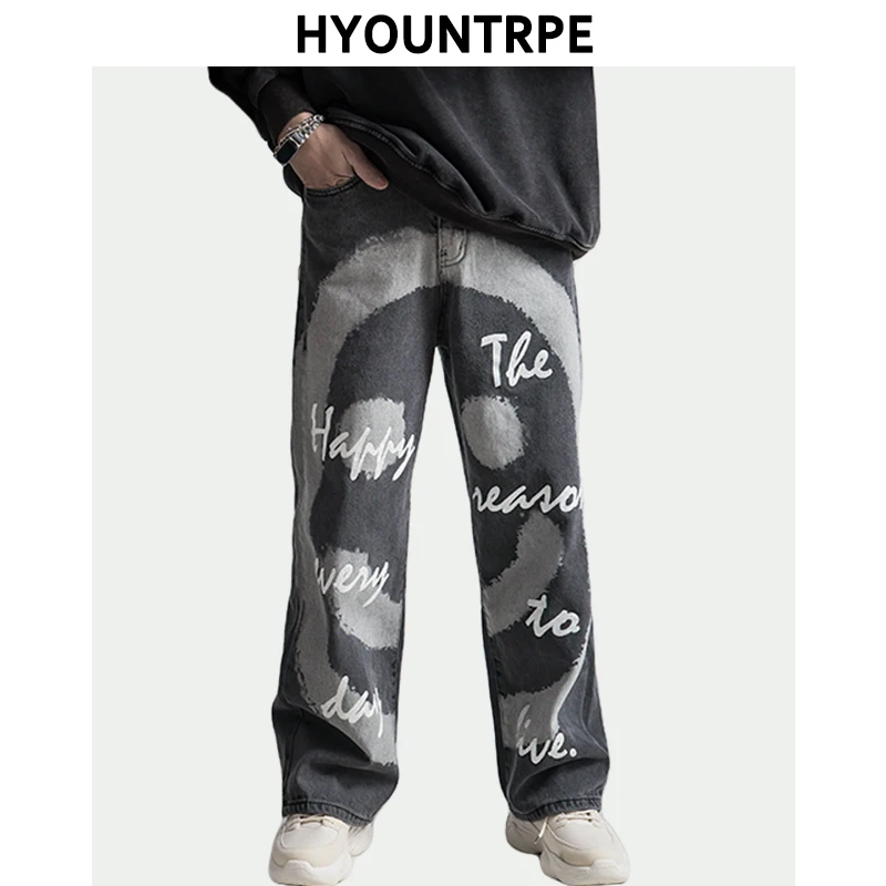 Высокая Улица граффити печатных джинсовые брюки мужские прямые молнии хип хоп