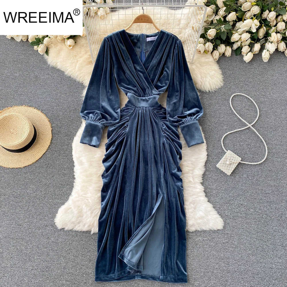 

Осень 2021, женское винтажное бархатное платье, однотонное зимнее облегающее платье-трапеция с длинным рукавом, элегантные праздвечерние пла...