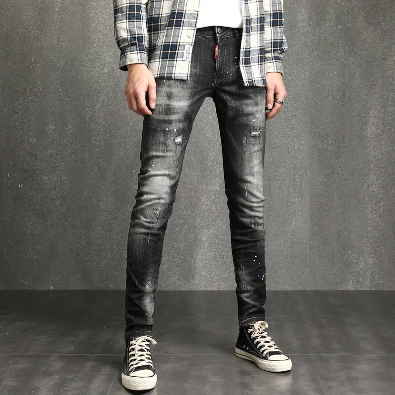 Pop Washing Men Jeans Vogue Streetwear Slim Ripped Denim Trousers Designer Hip Hop Punk Biker Man Elasticity Pencil Pants