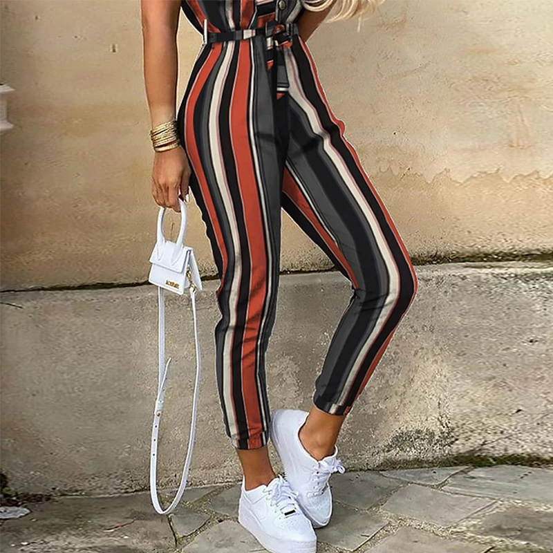 

Women Casual Striped Jumpsuit One Piece Outfit V Neck Short Sleeve Top & Lace Up Pencil Pant Overalls Office Lady Streetwear