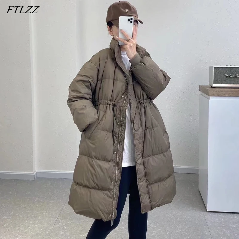 FTLZZ Winter Women High Waist Warm Midi Long Light Feather Jacket White Duck Down Coat Casual Loose Outwear Waist Retractable