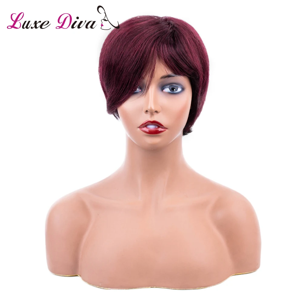 

Luxediva Pixie Cut Wigs Short Human Hair Wigs Pre-Colored Ombre 99J and Black Brazilian Remy Straight Hair Wigs For Black Women