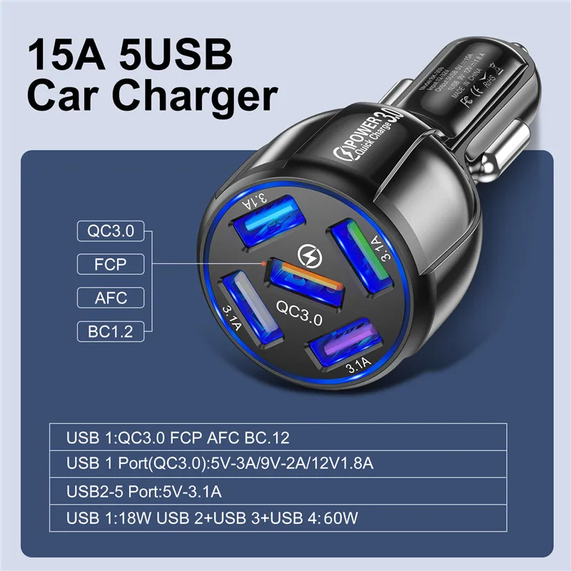 

5Port Fast Charging Car USB Charger for Xiaomi Redmi Note 10 Quick Charge 3.0 15A Charger Mobile Phone Charge Car Accessories