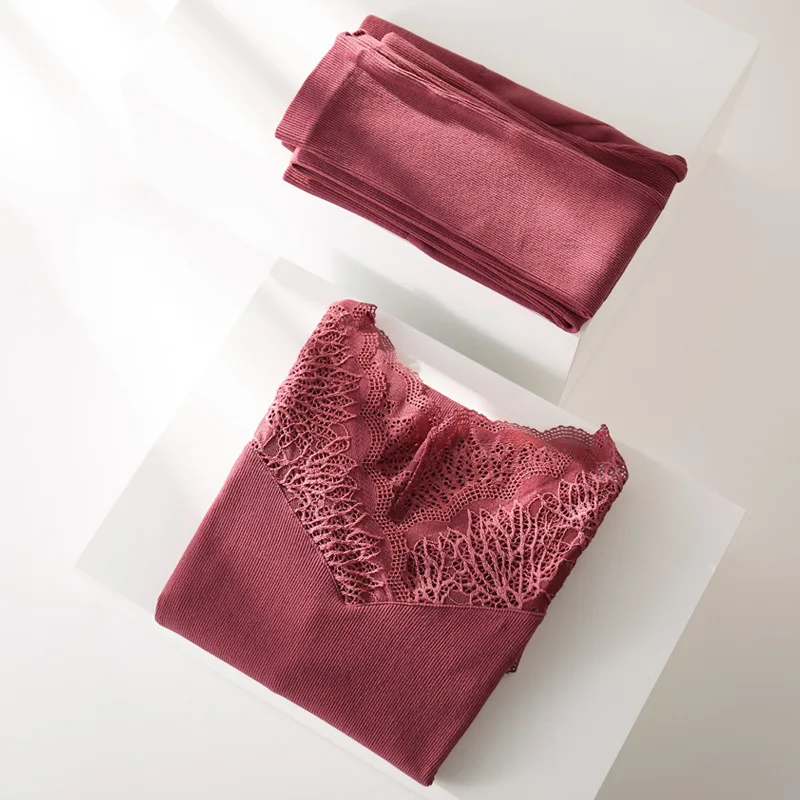 Brick red Новые сексуальные кружевные кальсоны с v-образным вырезом для тела, женские тонкие комплекты термобелья, осенне-зимние теплые пижамы, Пижамный костюм - Цвет: Brick red
