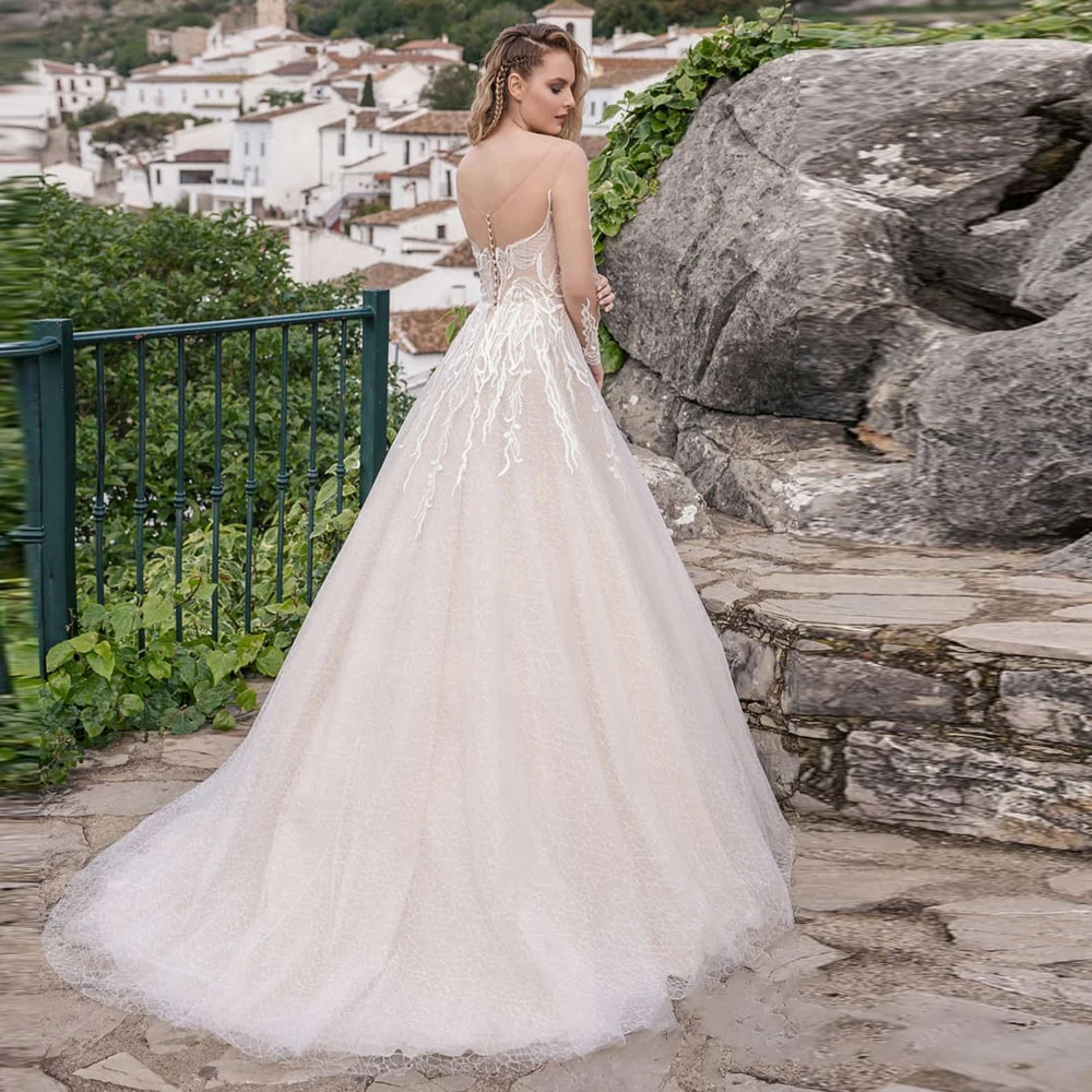 

Vestidos Elegant Wedding Dresses Tulle Illusion Appliques V-Neck Full Sleeve Lace Up Ball Bridal Gowns