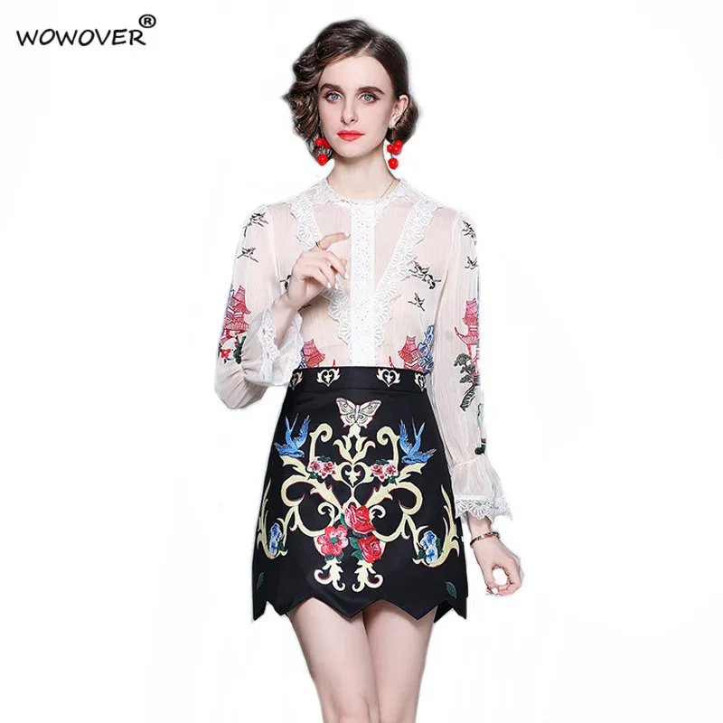 

Женский модельный костюм из двух предметов, кружевная Лоскутная рубашка с расклешенным рукавом и принтом и юбка с высокой талией, лето 2021