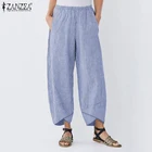 Женские полосатые широкие брюки ZANZEA 2021, женские повседневные брюки из хлопка и льна, асимметричный подол, уличная одежда с карманами, женские брюки