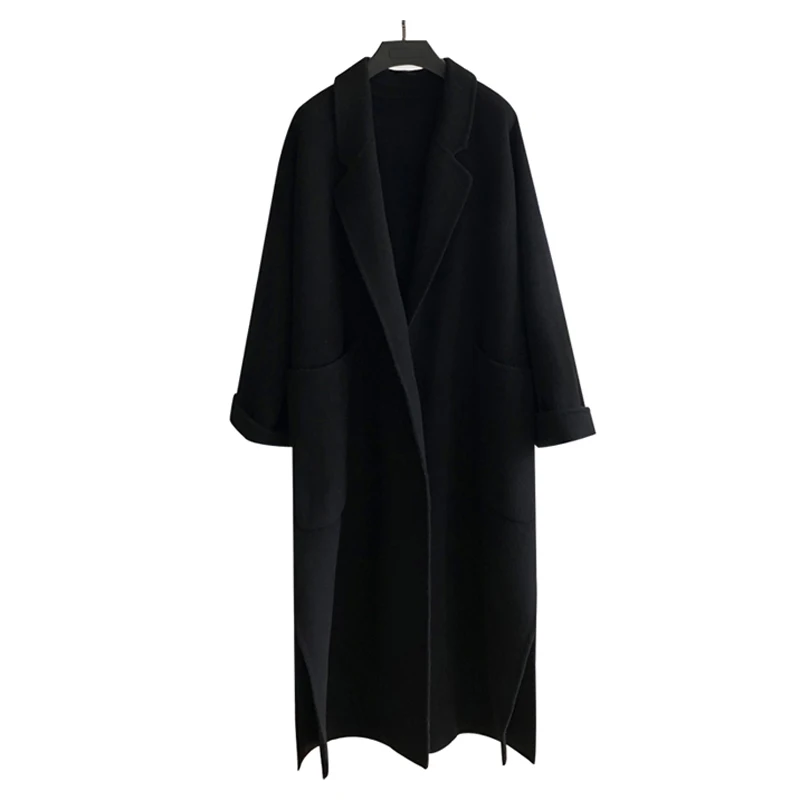 Зимнее шерстяное пальто женское корейское двухстороннее кашемировое длинное с