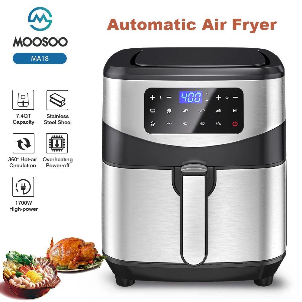 

MOOSOO MA18 Air Fryer 7.4 QT XL Capacity, 10-in-1 Electric Air Fryers Oven, 1700W Stainless Steel Airfryer with Digital Screen