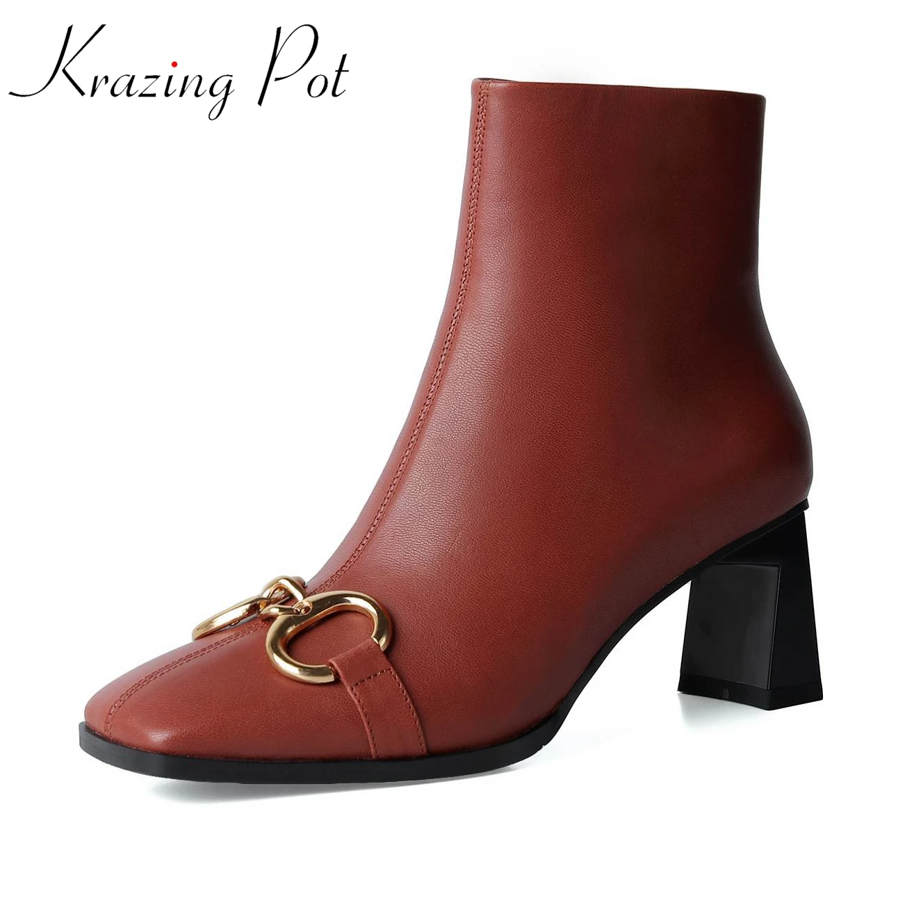 

Krazing Pot cow leather square toe winter Chelsea boots thick heels metal fasteners large size French romance brand ankle boots