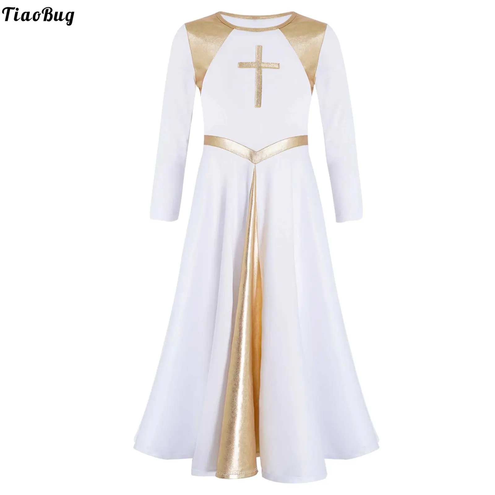 

#4-14 Kids Girls Metallic Shiny Contrast Color Cross Pattern Dance Dress Long Sleeve Round Neck Church Party Dresses