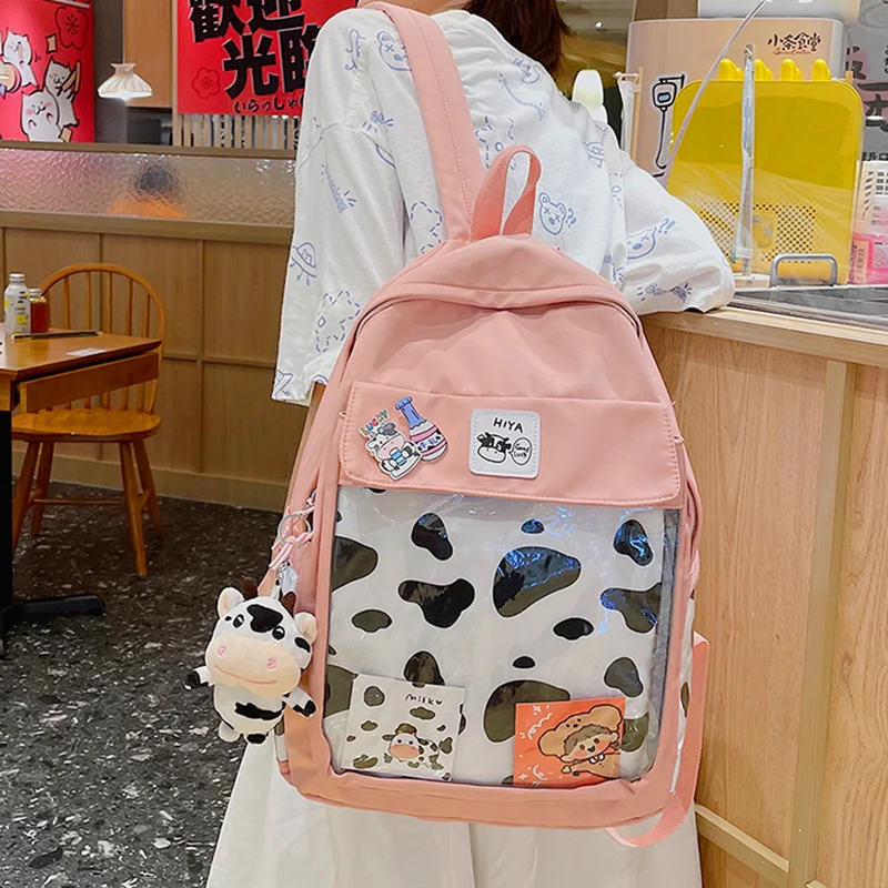 

Kawaii Cow Pint School Backpack 2021 Transparent Design Preppy Style Backpack Women Waterproof Nylon Bags Female Schoolbag Girls