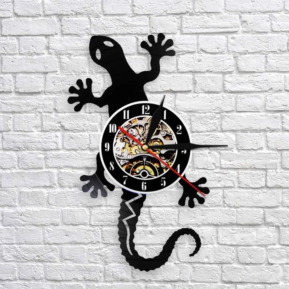 Antique Nature Art Zoology Lizard Wall Clock Safari Gecko Vinyl Record Silhouette Wildlife Animal Icon Vintage | Дом и сад