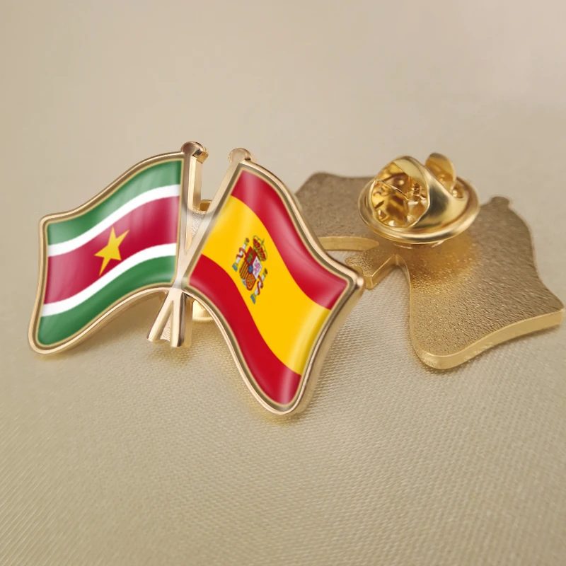 

Suriname and Spain Crossed Double Friendship Flags Lapel Pins Brooch Badges
