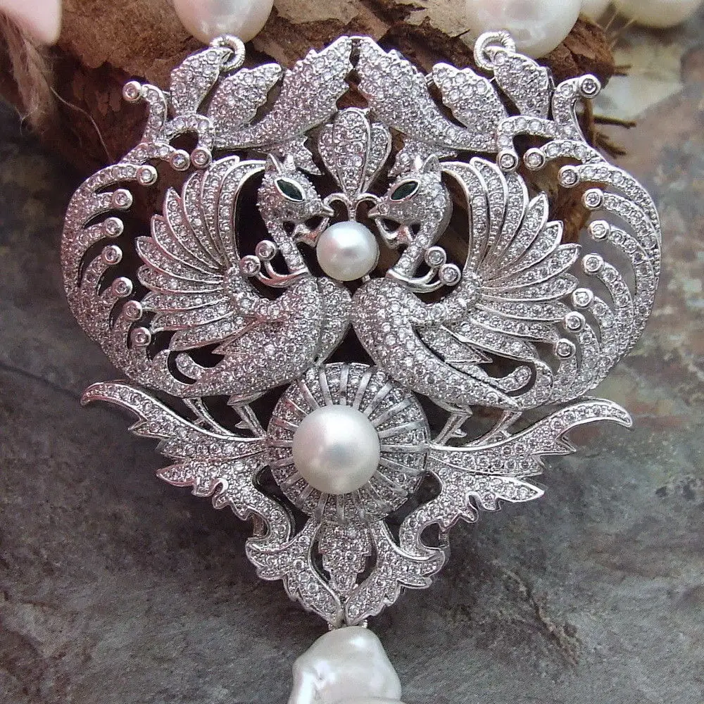 

natural 9*11MM white rice freshwater pearl micro inlay zircon Double phoenix accessories pendant sweater necklace long 50CM