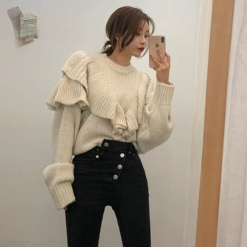 

2021 New Autumn Korean Women Pink Beige Loose Ruffle SweaterS olid Winter Warm Sweaters Plus Size Knitted Pullovers Pull Female