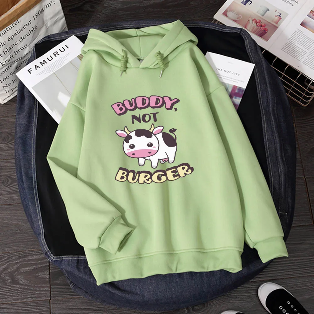 Oversized Cute Cow Printing Full Sleeves Sweatshirts Kawaii Hoodies for Womens Thicken Tops Loose Hoody Femme Winter Sweetshirts