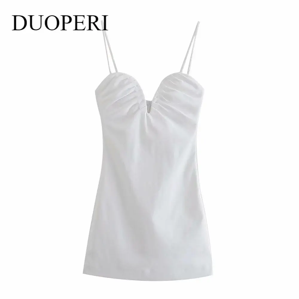 

DUOPERI Corset Halter Dress Women Casual Sleeveless V-neck Back zip High street Chic Lady White Mini Short Dresses Female
