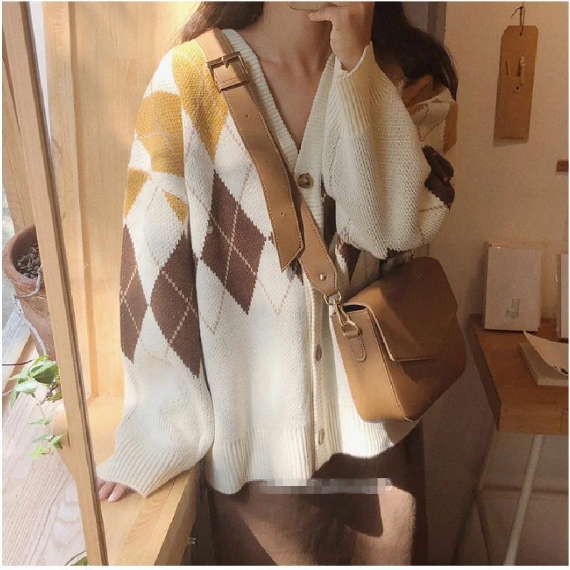 Женский однобортный Кардиган в клетку Черный Повседневный Свободный кардиган