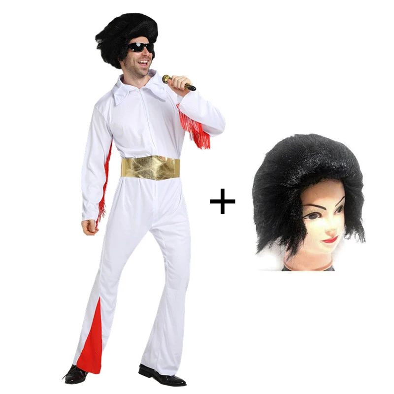 costume and wig Костюмы для косплея на Хэллоуин, одежда для супервечеринки, певица, белая одежда для взрослых Элвиса Пресли, одежда рок-звезды, одежда для выступлений - Цвет: costume and wig
