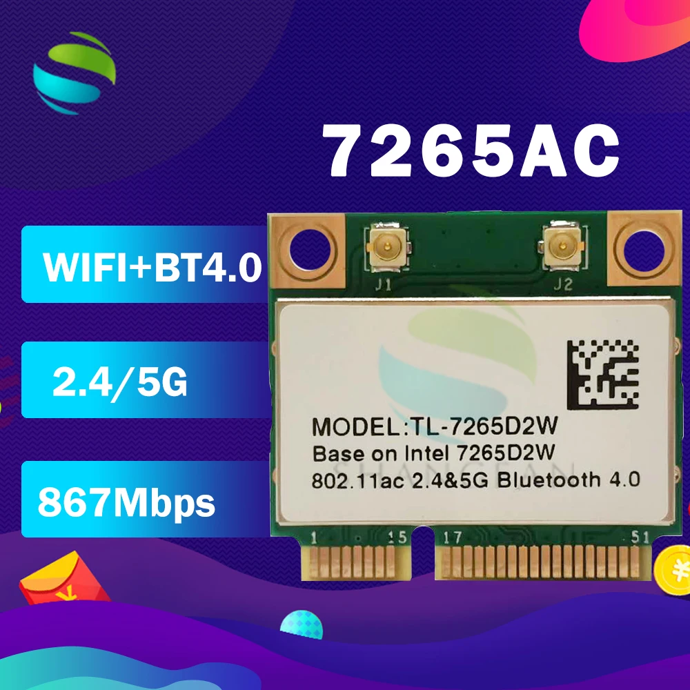 

FOR INTEL Dual Band Wireless TL-7265D2W 7265AC half Mini PCI-e BT4.0 802.11AC 2.4G&5G Wireless card