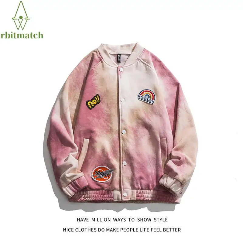

Hip Hop Oversize Jacket Tie-dyed Embroid Autumn Couple Women's Sweatshirt Unisex Men's Varsity Baseball Bomber Jacket Vintage