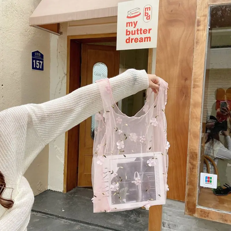 Женская многофункциональная сетчатая тканевая сумка вместительная с цветочной