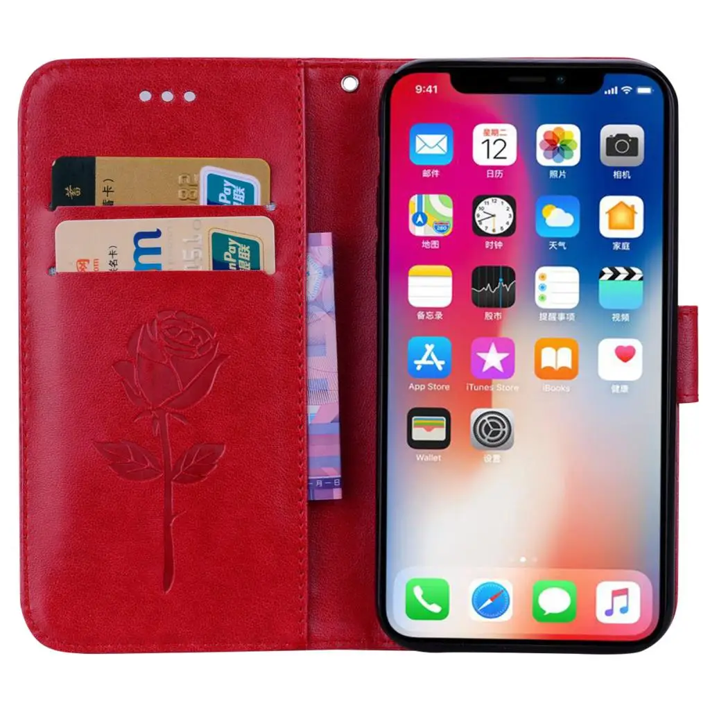 Двойной Кожаный чехол книжка с объемными розами для iPhone 11 Pro X XS Max XR телефона 6 6s 7 8