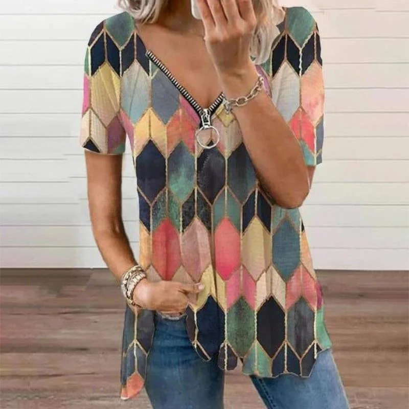 

2021 summer new Pullover zipper V-neck women's T-shirt women's top