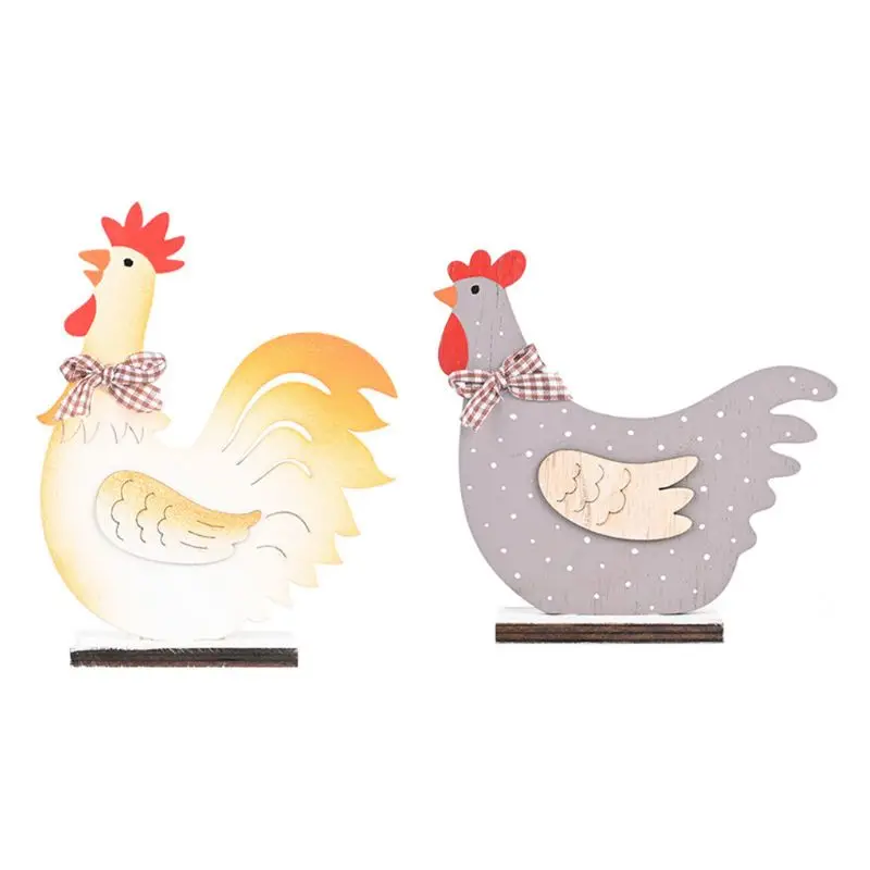 

2Pcs/Set Wooden Crafts Easter Rooster Bowknot Chicken Shaped Figurines Home Party DIY Decoration Tabletop Ornament Festival Gift