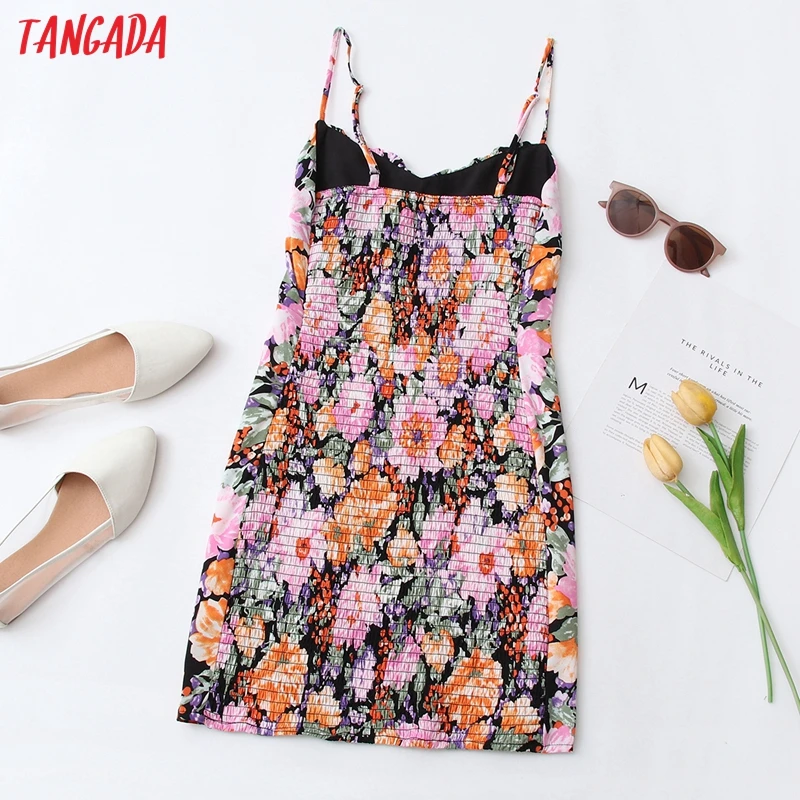

Tangada 2021 Fashion Women Flowers Print Pleated Pencil Dress Sleeveless Backless Female Sexy Dress QW98