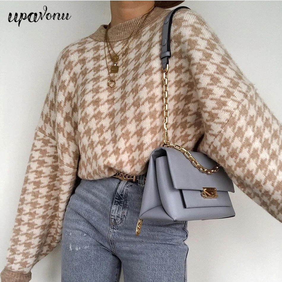 

Free Shipping 2021 New Women's Houndstooth Sweater Casual O-neck Long Sleeve Pullover Knit Sweater Fashion Fall Loose Sweater