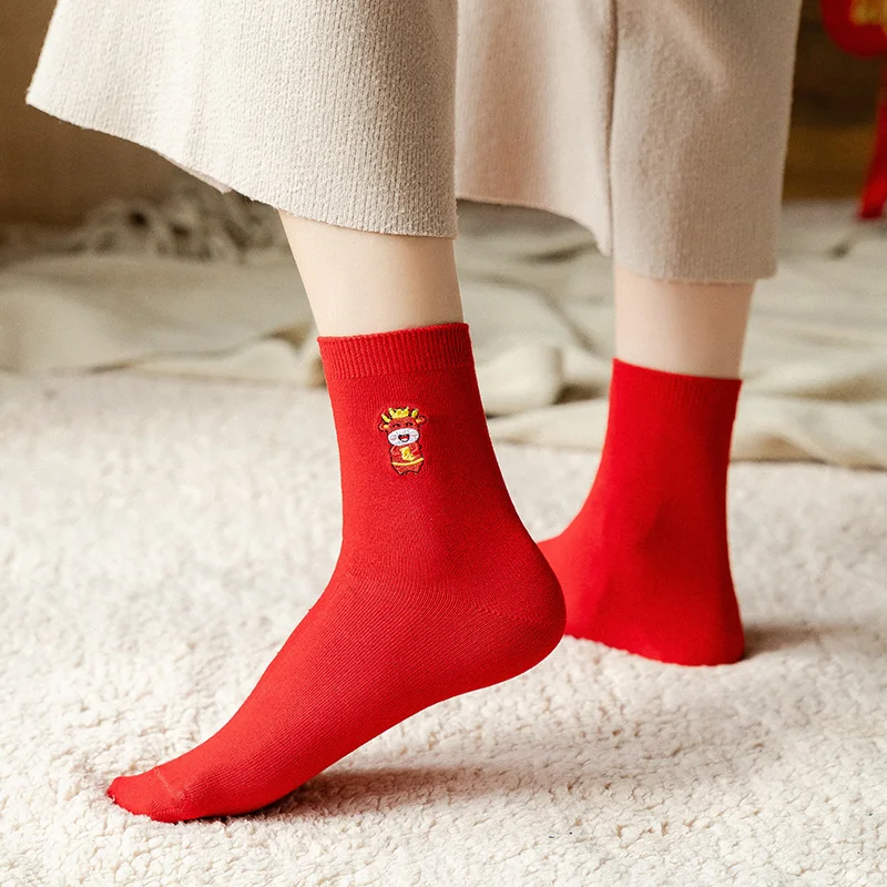 Красные носки для новогоднего сезона Ox женские чулки средней длины осенне зимние