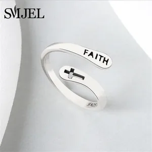 2021 Simple Open Rings For Women Vintage Faith Cross Letters Round Engagement Rings Silver Color Jewelry Anillos Mujer