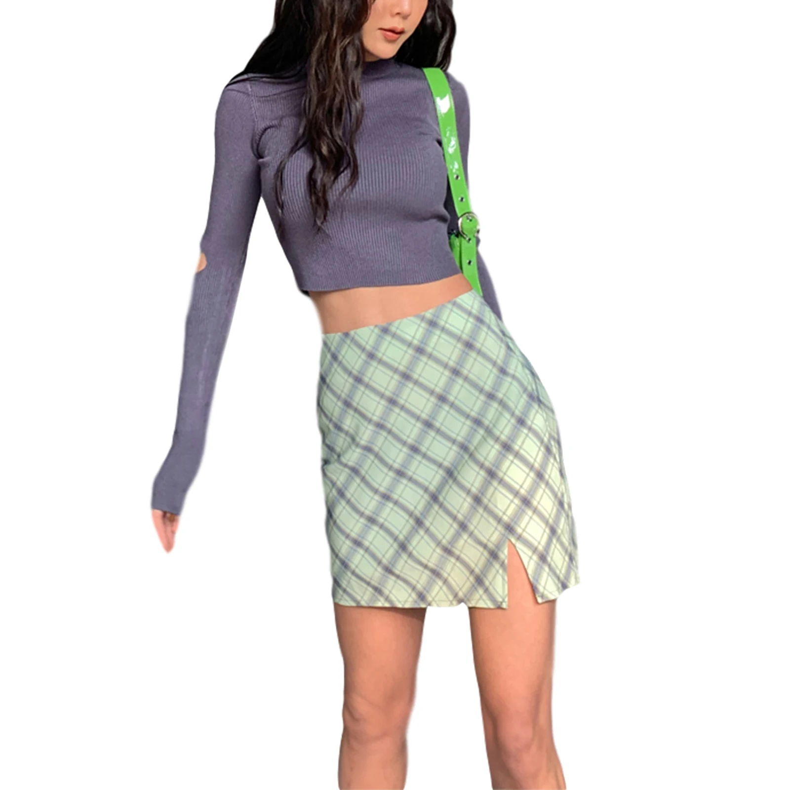 

Women's Bodycon Mini Skirt, Casual High Waist Zip Up Split Hem Plaid Short Fashion Skirt