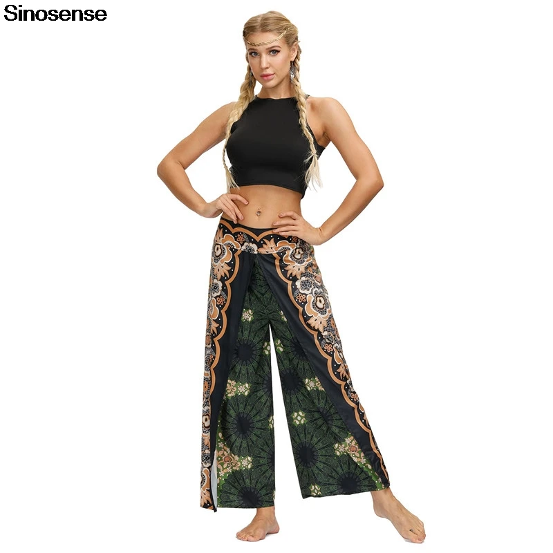 Женские широкие брюки с разрезом летние пляжные богемные в стиле бохо Длинные
