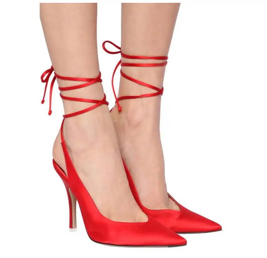 

2021 Summer Woman Sandals Baotou Lace-Up Rome High Heel Shoes Fashion Silk Pointed Toe Party Sandals Woman Formal Shoes