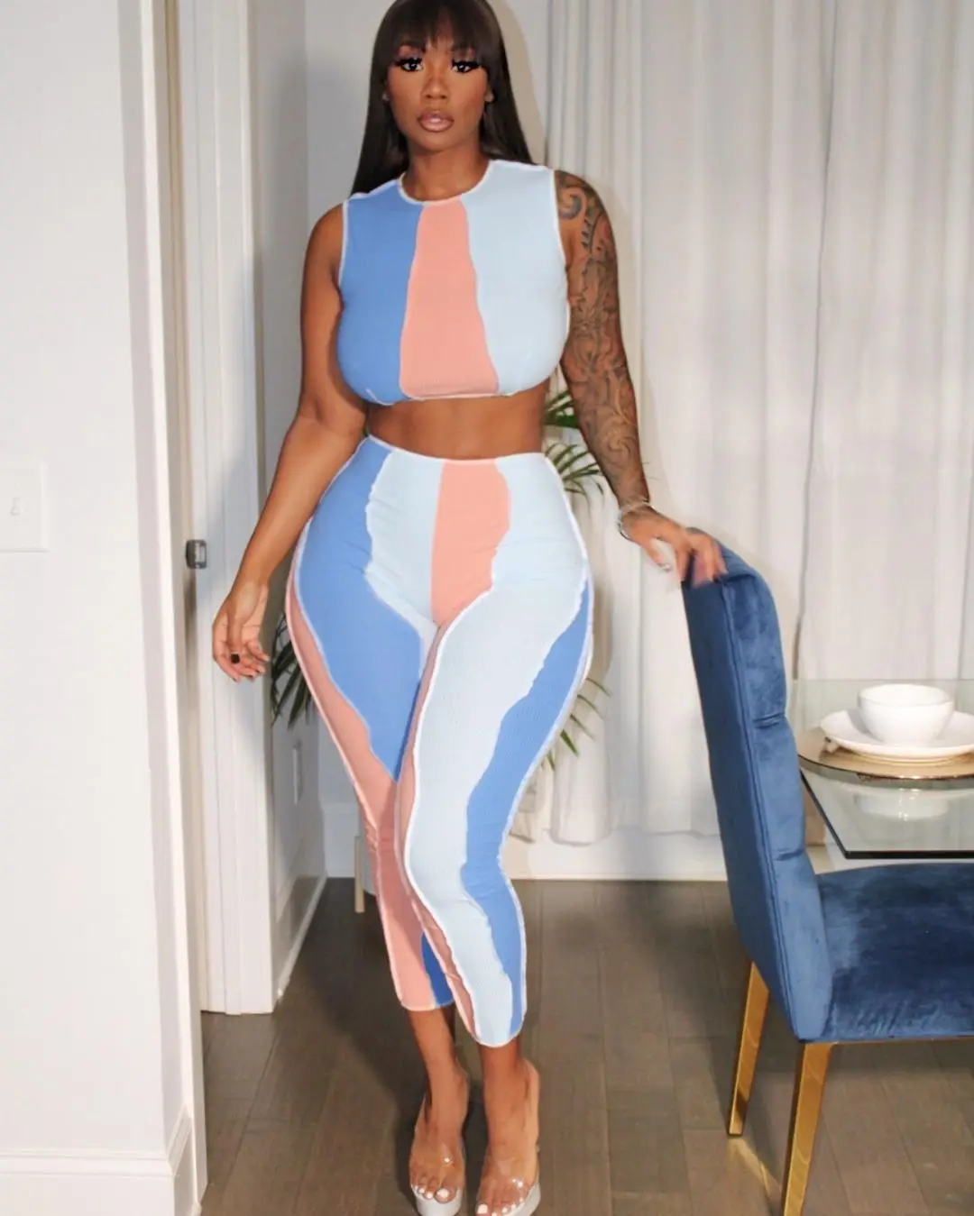 

2021 Summer New Fashion Women's Sexy Color Contrast Stitching Pit Strip Two-Piece Suit