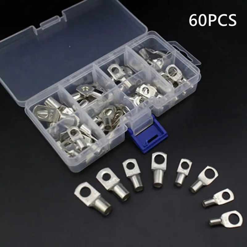 

60PCS Ring Lug Terminal With Box Tinned Bare Copper Crimp Terminals For Battery Cable Electrical Wire Ring Connectors Lug Kit