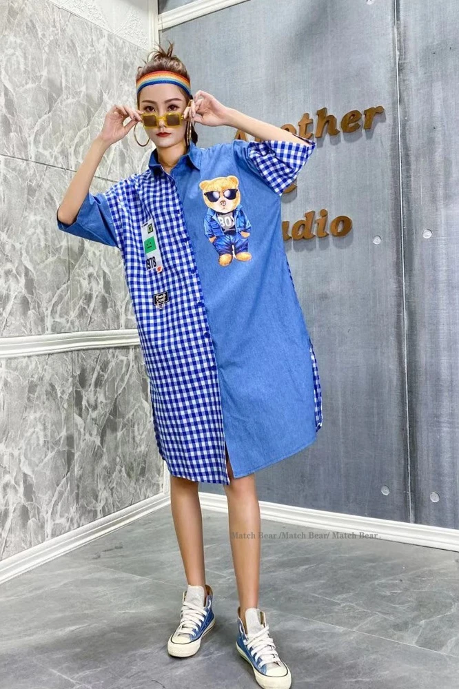 

QING MO Women Plaid Patchwork Blouse 2021 Summer New Women Cartoon Bear Blouse Female Short Sleeve Cardigan ZQY6824