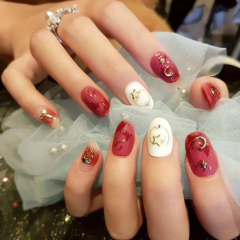 Женщины DIY Мода ногтей советы с клеем летом пляж накладные ногти девушки индивидуальность блестящая Звезда и Луна дизайн поддельные ногти - Цвет: style2