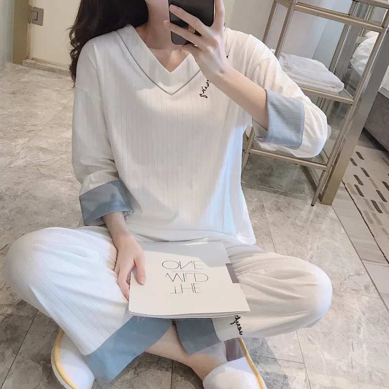 Women's Pajamas Set Cotton Rib Homewear Sleepwear Casual Nightie V Neck Embroidery Nightwear Plus Size Femme New пижама женская