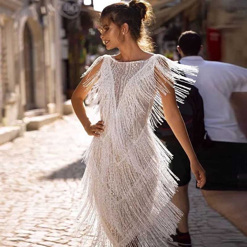 

Fringe Dress Prom Wedding Evening Party Dress Women Elegant Sexy Sleeveless White Tassel Dress Ladies Night Club Midi Dress 2021