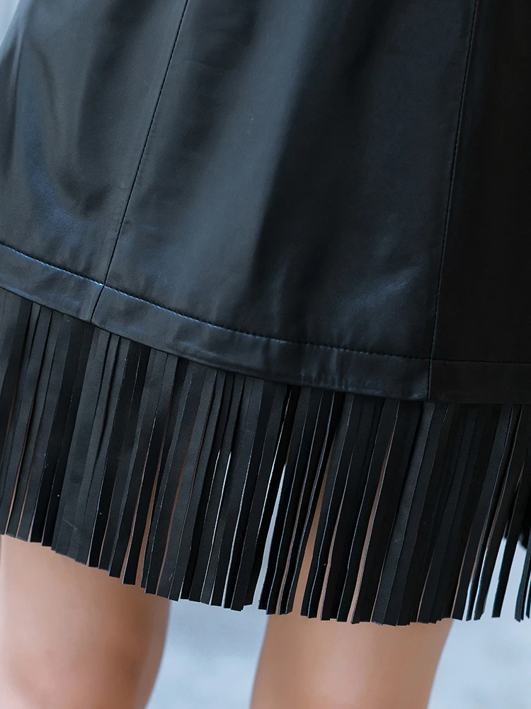 

autumn and winter tassel 2020 genuine leather dress Women's Round Neck Slim mid-length sheepskin vest dress