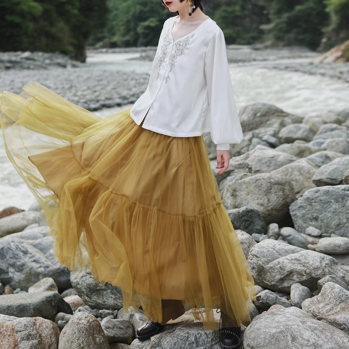 

Юбка-оверсайз, с сетчатым швом, а-силуэта, весна 2021, длинная, для женщин, с оборками, однотонная, Империя